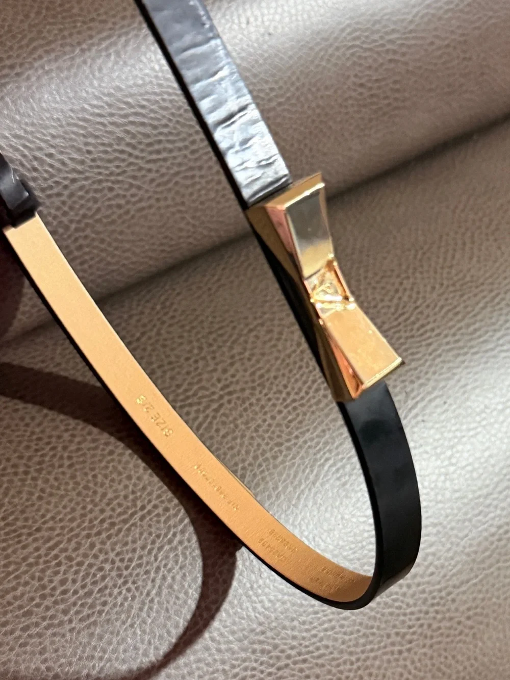 Ted Baker Bow Black Patent Skinny Belt with Gold Bow Buckle